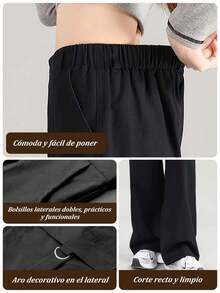 Pantalones anchos de mujer estilo cargo – Pantalón negro de dama de talle alto con bolsillos con solapa – Pantalones acampanados tipo vestir, cómodos y holgados - Gris - Ver 7