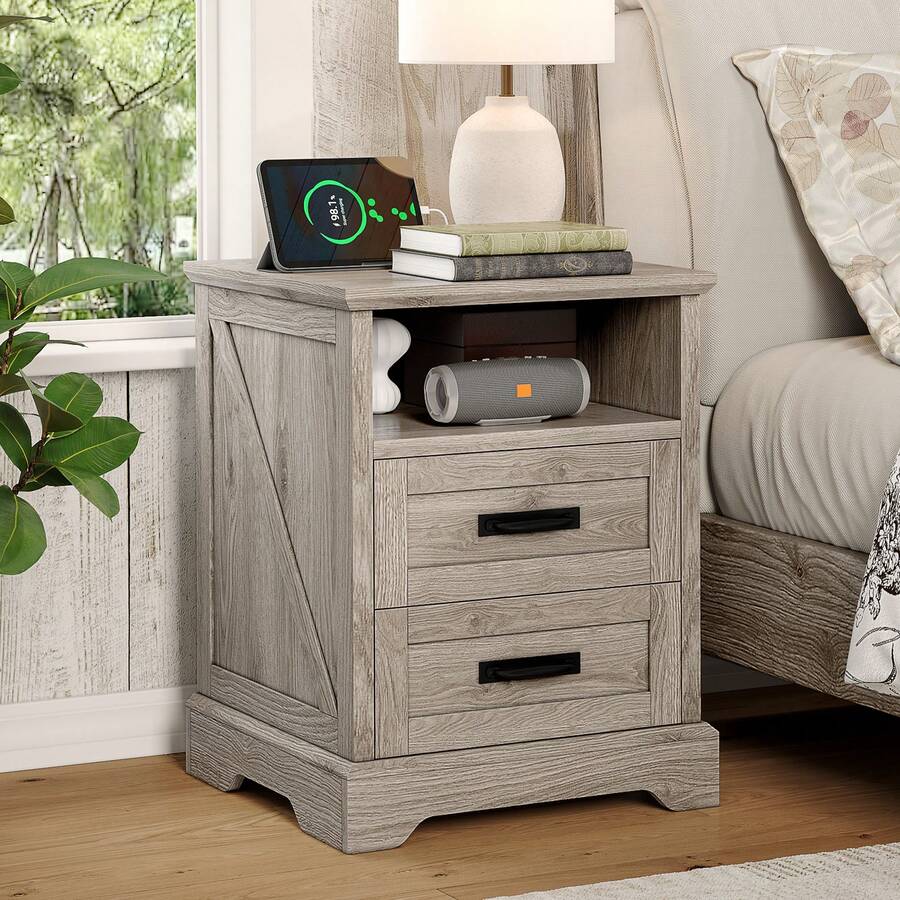 Farmhouse Nightstand With Charging Station, 2 Drawers Bed Side Table, 18 Inch Wide End Table For Bedroom, Living Room