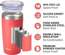 Travel Coffee Mug Set Of 2, 20 Oz Tumbler With Lid, Insulated Stainless Steel Cup For Water, Tea, Powder Coated Teal & Coral - 彩色 - 查看 2