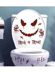 1 Set Halloween Bathroom Toilet Stickers, Holiday Horror Decor Stickers With Demonic Smile And Bloody Handprints, Self-Adhesive PVC Stickers For Room, Bedroom, Door, Wall, Toilet Lid, Suitable For Home, Bar Party, Restaurant Halloween Decoration Stickers, Seasonal Home Decor Stickers