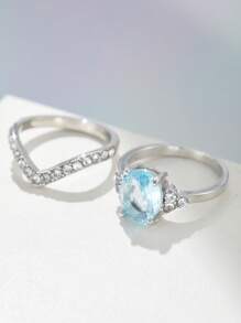 Anel de prata luxuoso para mulheres, 2 peças, elegante, moderno, com incrustações de metal, zircônia brilhante, joia de casamento e noivado