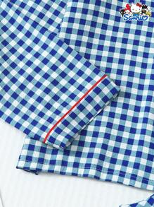 Sanrio 两件套春夏女式三丽鸥Hello Kitty蓝白格子长袖纽扣口袋上衣和蝴蝶结长裤睡衣套装，适合居家穿着，秋冬皆宜。