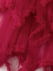 Women Layered Tulle Long Skirt Fashion High Waist Solid Color Frill Trim Ruffle Midi Skirt - Burgundy - View 3