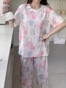 AICJ 2件套 女童休闲简约可爱卡通猫咪字母印花粉色上衣，七分裤，春夏家居服套装 - 彩色 - 查看 5