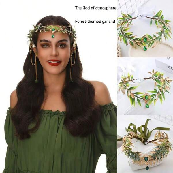 1pc Boho Style Forest Leaf Wreath Headpiece, Faux Leaves Pendant Crown Hair Accessory