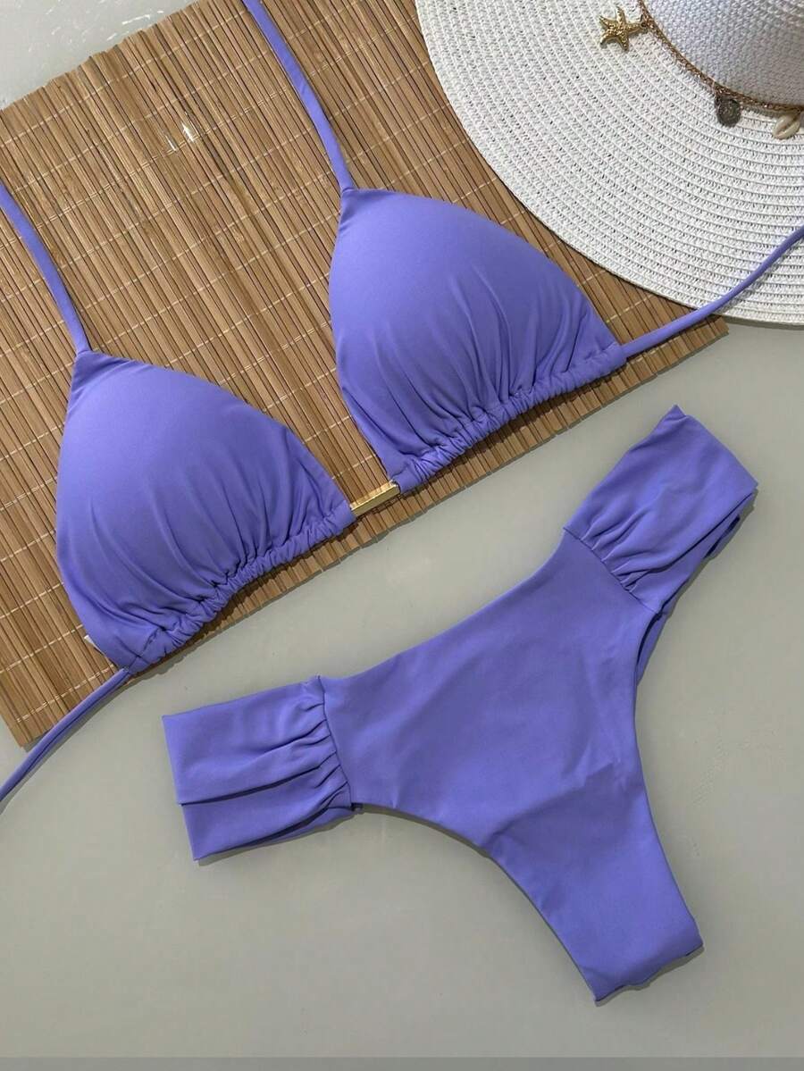 Triangle Bikini With Double Butterfly String Panties In Various Colors - Lilac - View 1