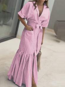 欧美风新款夏季气质条纹梭织翻领高级短袖女士大码中长连衣裙 - 粉色 - 查看 3