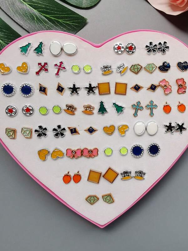 36Pair + Box Mixed Style Colorful Fashion Stud Earrings Set Girl Girls Small Earrings Set Jewelry Gifts Random Send