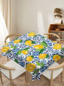 1 pieza Mantel rectangular/redondo moderno de poliéster a prueba de agua con estampado de limón y flores azules, apto para sala de estar, mesa de comedor al aire libre, mesa redonda pequeña, con impresión digital - Multicolor - Ver 10