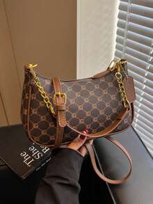 1 件女士纯色 PU 单肩包，多功能腋下包，适合工作通勤，可调节肩带斜挎包链条包腋下包手提包带金属刺绣字母 - 咖啡 - 查看 7