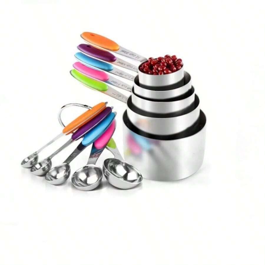 10pcs/Set Stainless Steel Measuring Cups And Spoons Set, Suitable For Cooking And Baking, Multi-Color - Multicolor - View 1