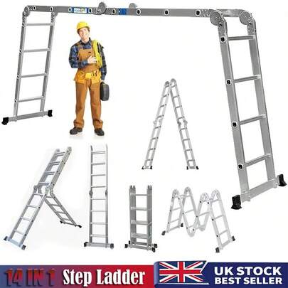 14 IN 1 Multi-Purpose Aluminum Alloy Combination Ladder 4.7M/15.5FT Folding Step Ladders 150kg/330lbs Capacity 16 Steps With 1 Free Platform For Indoor Outdoor Works