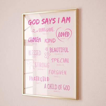 1 幅上帝说我是墙壁艺术画粉色圣经印刷帆布画印刷海报少女基督教装饰卧室、客厅或宿舍墙壁装饰礼物送给少女无框