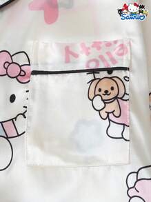 Sanrio 两件套女士春夏缎面三丽鸥Hello Kitty翻领长袖纽扣口袋上衣和蝴蝶结长裤睡衣套装，适合居家穿着，秋冬皆宜。