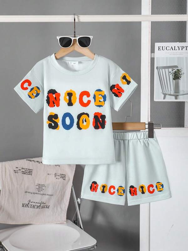 idolCat 2 Stücke/Set Mode für Kleine Jungen, bunte Buchstaben-Muster Kurzarm T-Shirt und bequeme Shorts mit Gummibund, geeignet für täglichen Sommer-Gebrauch, Urlaub, Outdoor, Party