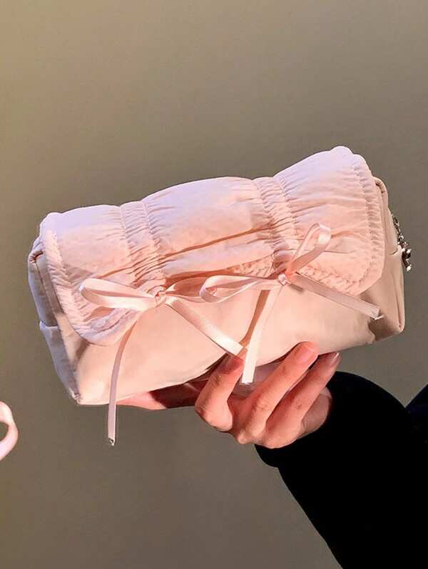 1pc Ins-Style Ballet Bow Pull-Out Pencil Case, Large-Capacity Desktop Flip-Top Pencil Box, Suitable For Storing A Series Of Stationery Such As Pens, Erasers, Pencils, Markers, Etc., And A Water Bottle On The Side. It Is Suitable For Schools, Tutorial Classes, Offices, Primary And Secondary School Students, Boys And Girls, Office Workers, And As A Back-To-School Gift.,Back To School,School Supplies,Pencil Pouch,School Bag