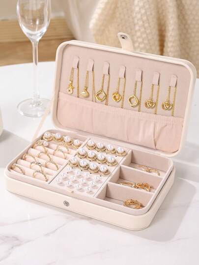 Travel Jewelry Box, PU Leather Small Jewelry Organizer For Women Girls, Double Layer Portable Mini Travel Case Display Storage Holder Boxes For Stud Earrings, Rings,Necklaces,Bracelets,Christmas Gifts For Friends Back To School