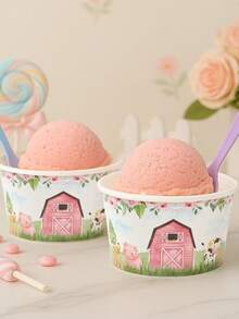 10pcs 8oz Pink Farm Animal Pattern Disposable Paper Bowls, Ice Cream Cups, Popcorn Boxes, Food Containers, Suitable For Home Kitchen, Restaurant Takeout, Picnic Party, Kitchen Supplies, Food Packaging, Farm Animal Theme Birthday Party Tableware, Food Delivery And Daily Use, Food Trays, Disposable Tableware - Pink House Farm Animals - View 10