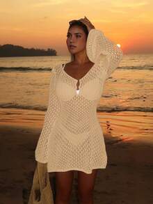 女士长袖镂空泳衣罩衫，优雅波西米亚海滩度假风，V领半身裙 - 杏色 - 查看 5