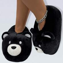 Pantuflas cálidas y antideslizantes con bordado negro, cobertura total del pie y diseño de oso para mujer para el hogar