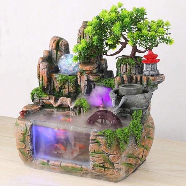 Zimmerbrunnen mit LED Beleuchtung, Steingarten Wasserbrunnen Desktop Chinesische Fengshui Lampe Zimmerbrunnen Wasserfall Büro Haus Dekorieren Grün