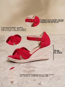 女士红色莱卡交叉带舒适时尚休闲度假编织草绳厚底坡跟鞋 - 紅色 - 查看 7