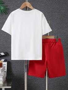 2 件青少年男童休闲短袖 T 恤和工装口袋短裤套装 - 紅色 - 查看 2