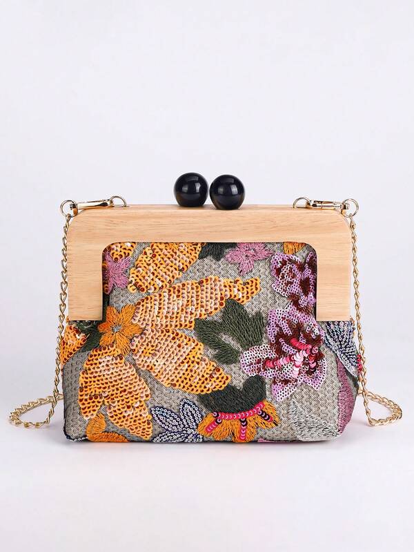 Wooden Handle Sequin Embroidered Floral Handbag With Detachable Shoulder Strap, Evening Clutch Wallet Suitable For Wedding Party
