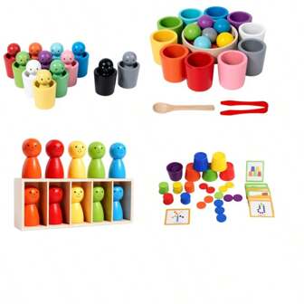 Ensemble de jouets en bois triés avec tasses et balles, développe les compétences de mouvement fin de la main, perles et jeu d'apprentissage, jouets éducatifs de bureau, cadeau idéal pour Thanksgiving, anniversaire, Pâques, jouets éducatifs pour les jeunes