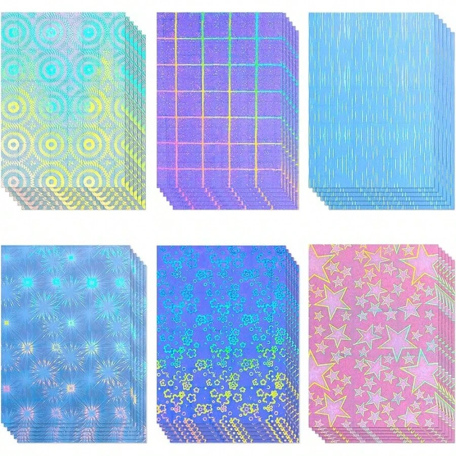 36 Sheets A4 Holographic Paper Sticker Transparent Waterproof Self Adhesive Film 11.X 8.3 Inches (Gem,, Colorful,) - 線條,格子,煙火,齒輪,花,五角星 - 查看 1