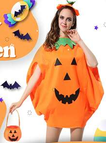 成人南瓜服装，3 件万圣节男女通用南瓜角色扮演派对服装，带帽子和包 - 彩色 - 查看 5