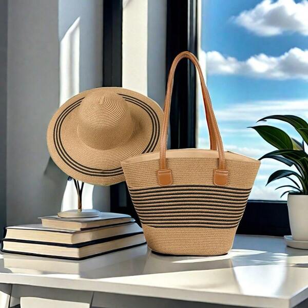1 Set de bolso de hombro y gorro de paja, moda de gran capacidad Accesorios de vacaciones en la playa, temporada de regreso a clases