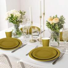 100Pcs Gold Tableware Set Wedding Disposable Dinnerware Set 50Pcs Paper Plates 25Pcs Napkin 25Pcs Cups For Birthday Bride Shower Party Supplies Table Decor - Gold - View 9