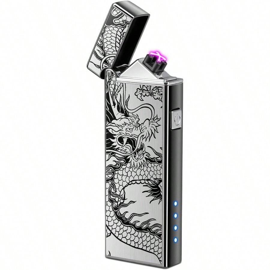 Electric USB Rechargeable Lighter Windproof Plasma Dual Arc Lighter With LED Battery Indication Flameless Cool Lighters Gifts For Men Fathers Husband Black Dragon - 黑龍 - 查看 1