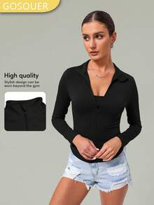 Women's Stand Collar Zipper Rounded Hem Slim Fit Sports Jacket - Black - View 1