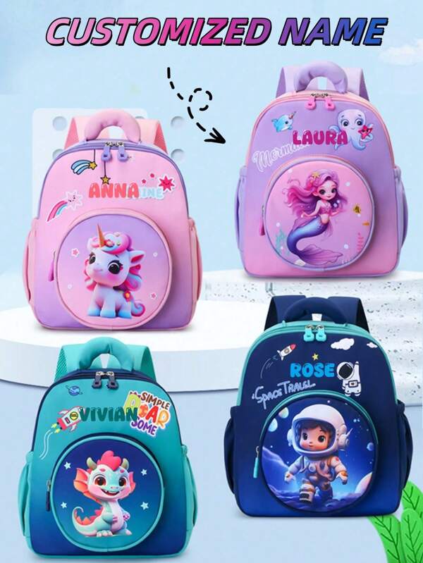 1 Customized Large-Capacity Spring And Summer New Back-To-School Backpack, Cute Kawaii With Different Unicorn, Mermaid, Dragon, Astronaut Theme Patterns To Choose From, Nylon Zipper Closure, Adjustable Shoulder Straps, Customizable Names. Blue, Pink Other Styles Are Bright Lively,