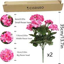 2 Pcs Artificial Geraniums Outdoor Silk Flowers Pink Artificial Geranium Bush Faux Flowers Geraniums For Floral Home Decor Indoor Garden Patio Grave Cemetary Vase Table Centerpiece - 玫紅色 - 查看 1