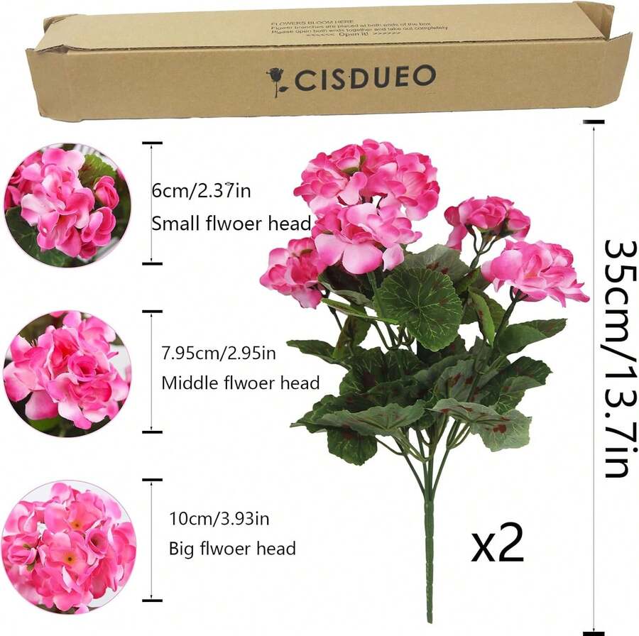 2 Pcs Artificial Geraniums Outdoor Silk Flowers Pink Artificial Geranium Bush Faux Flowers Geraniums For Floral Home Decor Indoor Garden Patio Grave Cemetary Vase Table Centerpiece - 玫紅色 - 查看 1