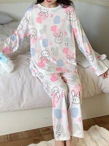 AICJ 2pcs/Set Women Cartoon Bear Print Casual Pajama Set, Long Sleeve Round Neck Top And Long Pants, Comfortable Loose Fit, Suitable For Spring,Autumn,Winter Home Wear, Fall Clothes