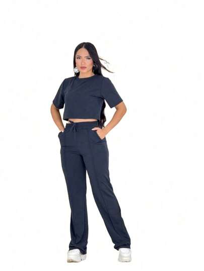 Conjunto Moletinho Blusa Manga Curta Cola Redondo Calca Pantalona Com Risco 17 cores