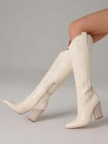 Knee High Cowboy Boots For Women Pointed Toe Chunky High Heels Pull-On Embroidered Boots Western Boots Wide Calf Cowgirl Boots - Màu be - Xem 5