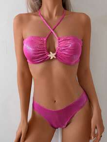 wohenmeili 时尚新款亮面印花性感比基尼女式两件套，配可爱星星配饰，个性化沙滩派对泳装