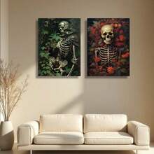 3 幅现代骷髅与花卉墙面艺术帆布海报，高清打印可选画框，客厅和卧室家居装饰挂画 - 彩色 - 查看 6