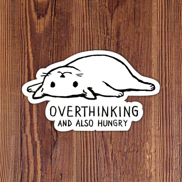 1Pc-3Inches, Overthinking And Also Hungry Cat Sticker, Perfect For Laptops, Notebooks, Water Bottles, Or Fridges, A Relatable And Adorably Anxious Design For Those Who Worry Too Much And Snack Even More, Ideal For Cat Lovers, Overthinkers, And Anyone Who Balances Stress With Snacks, A Fun Gift For Friends Who Are Always In Their Head