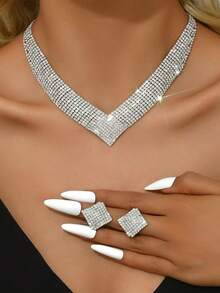 新娘全套水钻项链和耳环套装，夸张优雅简约项链，百搭正装 - 銀白色 - 查看 1