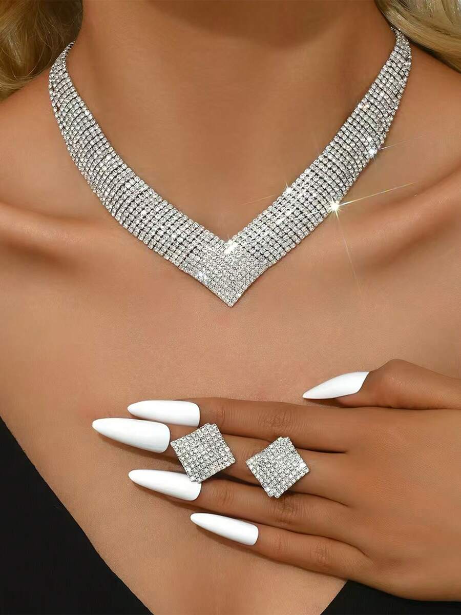 新娘全套水钻项链和耳环套装，夸张优雅简约项链，百搭正装 - 銀白色 - 查看 1