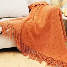 1pc Solid Color Knitted Blanket, Nordic Style Tassel Design Soft Blanket, Suitable For Office Nap, Bed, Sofa, Daily Use