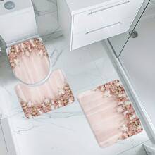 1/4pcs - Bridal Floral Elegant Bathroom Set, Wedding Flower Pink Rose Ladies Natural Floral Art Printed 12 Hooks Waterproof Shower Curtain, Non-Slip Bath Mat, Toilet U-Shape Cover, Cover, Home Decor Gift Back To School