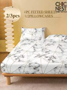 2/3pcs White Marble Geometric Pattern Bedding Set (1pc Fitted Sheet + 1/2pcs Pillowcase), Soft & Breathable, Fits Twin, Full, Queen, King Size Beds, Fitted Sheet Depth Up To 11.8 Inches, Home Textile - White - View 2