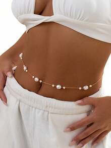 Boho Summer Beach Bikini Sexy Gold Silver Tassel Body Chains Waist Chain Crystal Rhinestone Crossover Bikini Multi-Layered Body Chain Adjustable Bikini Beach Plus Size Shiny Waist Body Chain Belt Belly Jewelry Summer Beach Vacation Party Accessories For Women And Girls - Double-layer Teardrop Pearl Waist Necklace - View 14